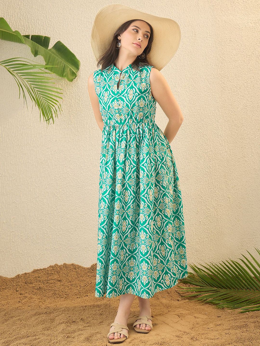 OCTICS Women Ikat Printed Sleeveless Fit & Flare Midi Dress