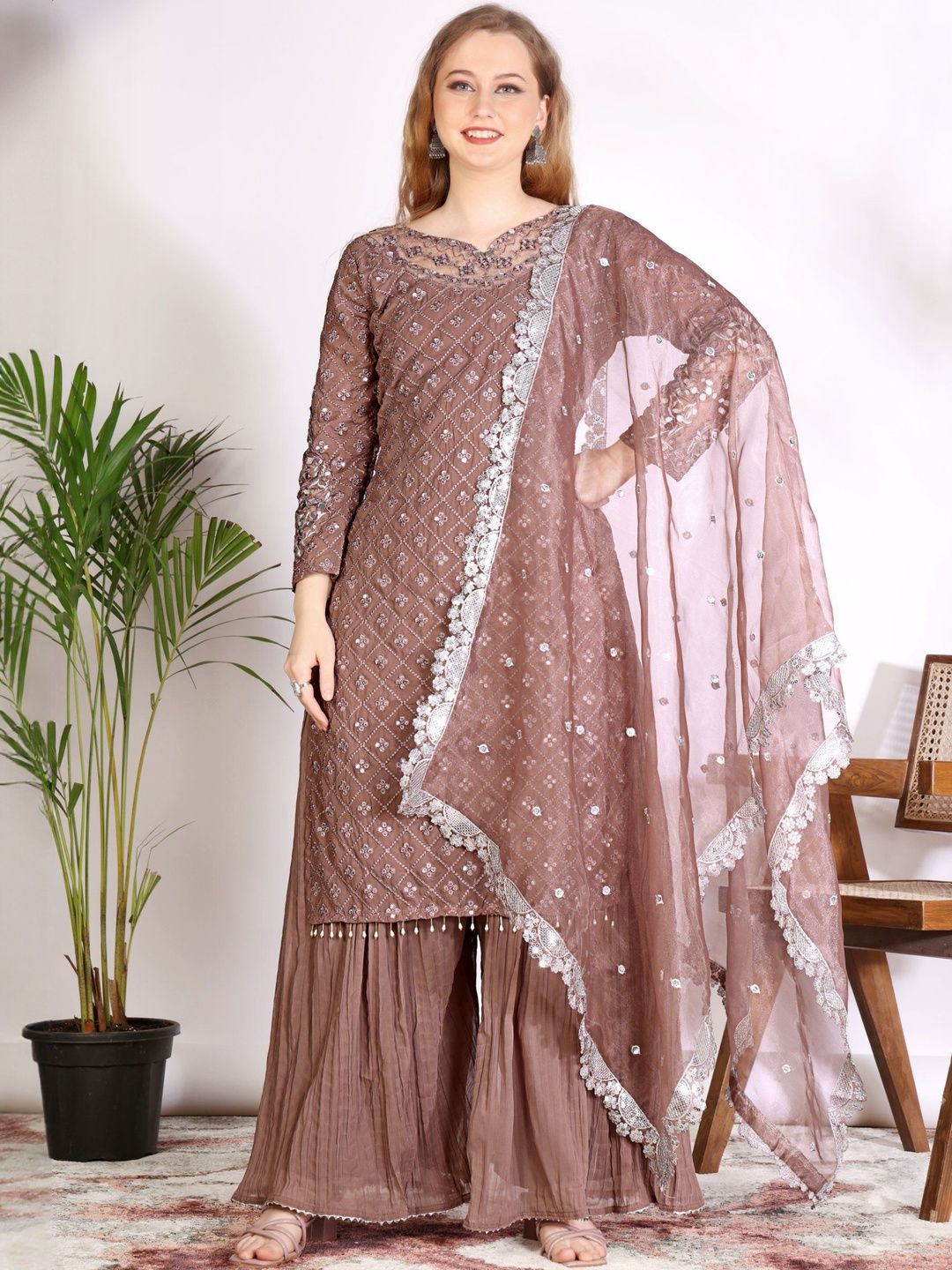 Vanshaft Collection Woven Design V-Neck Sequinned Georgette Kurta With Sharara & Dupatta