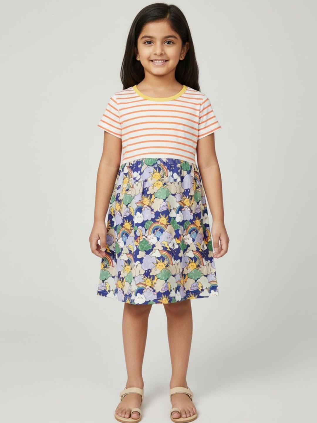 Biglilpeople Striped Printed Short Sleeves A-Line Dress