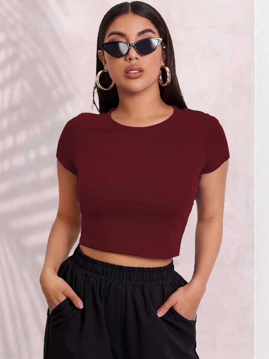 KIK33 Maroon Ribbed Crop Top with Cap Sleeves