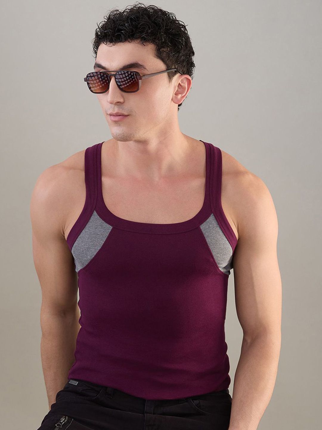 HINT Men Colourblocked Pure Cotton Basic Innerwear Vests