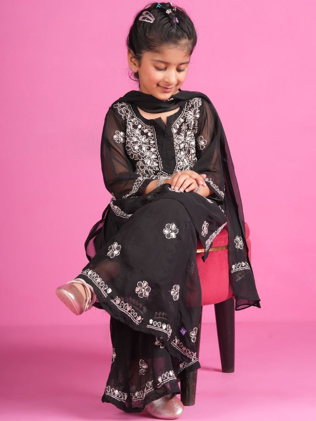 KHAKA Girls Floral Embroidered Kurta with Sharara & Dupatta