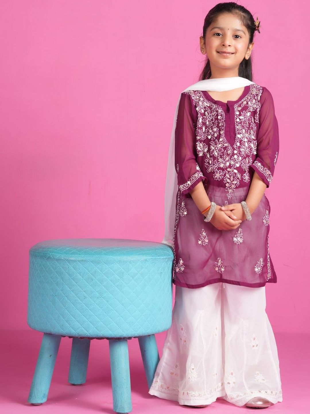KHAKA Girls Ethnic Motifs Embroidered Chikankari Kurta with Sharara & Dupatta