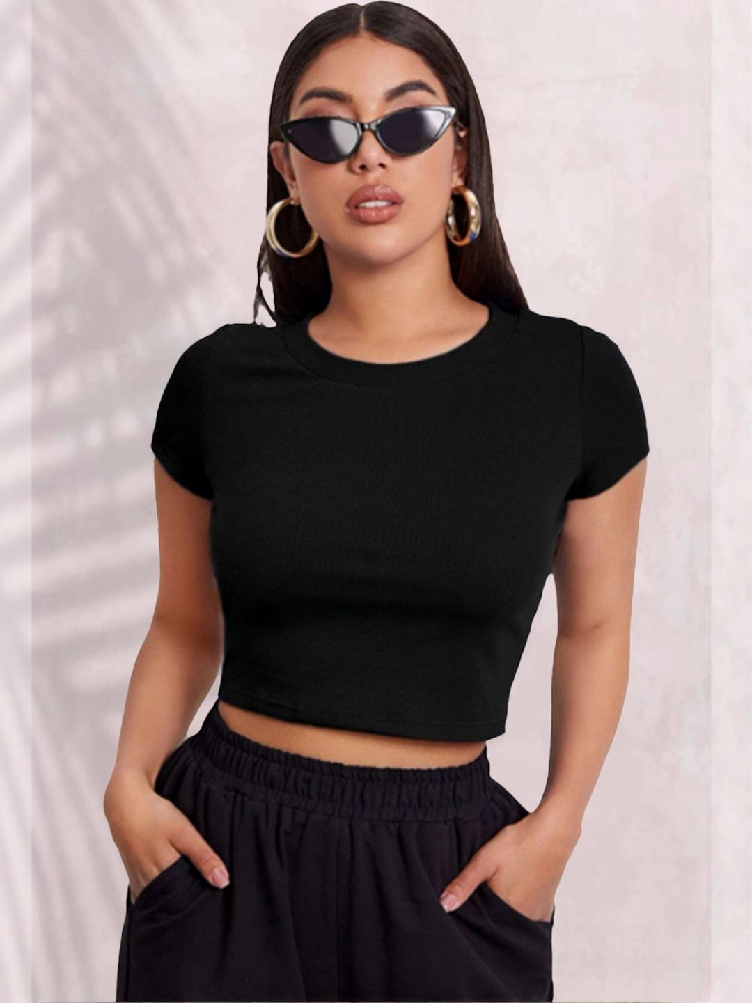 KIK33 Women Ribbed Round Neck Crop Top - Casual Solid