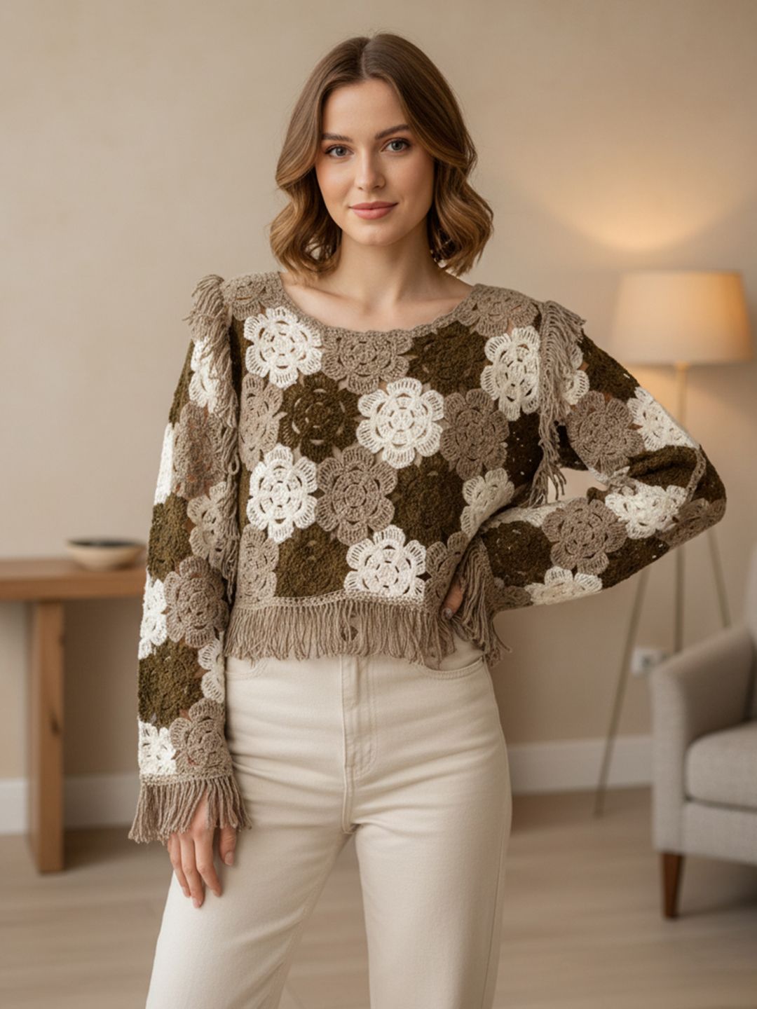 HERE&NOW Floral Self Design Crochet Fringed Crop Top