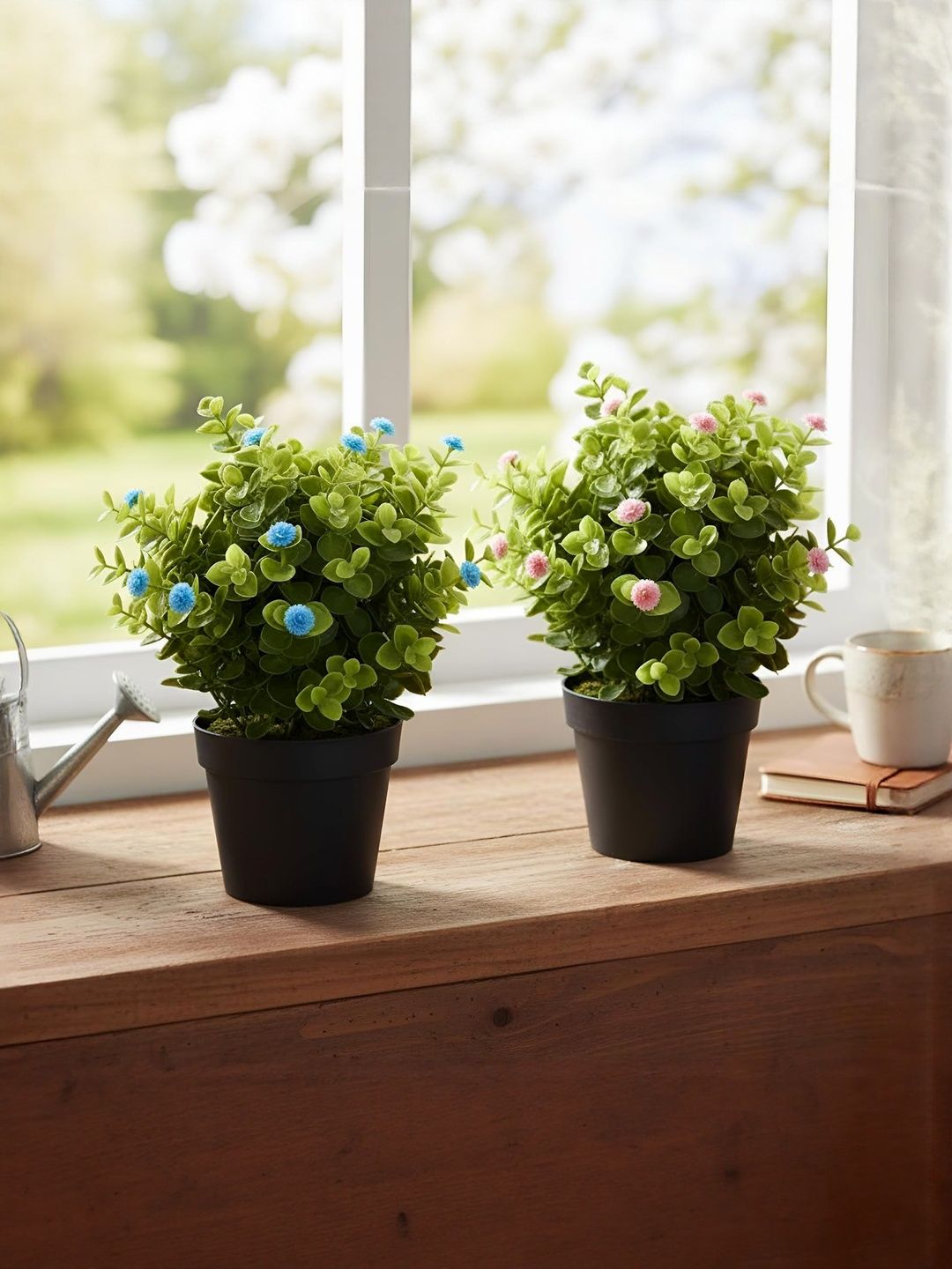 XERGY Blue & Pink 2 Pieces Artificial Eucalyptus Potted Plants With Baby Breath Flowers