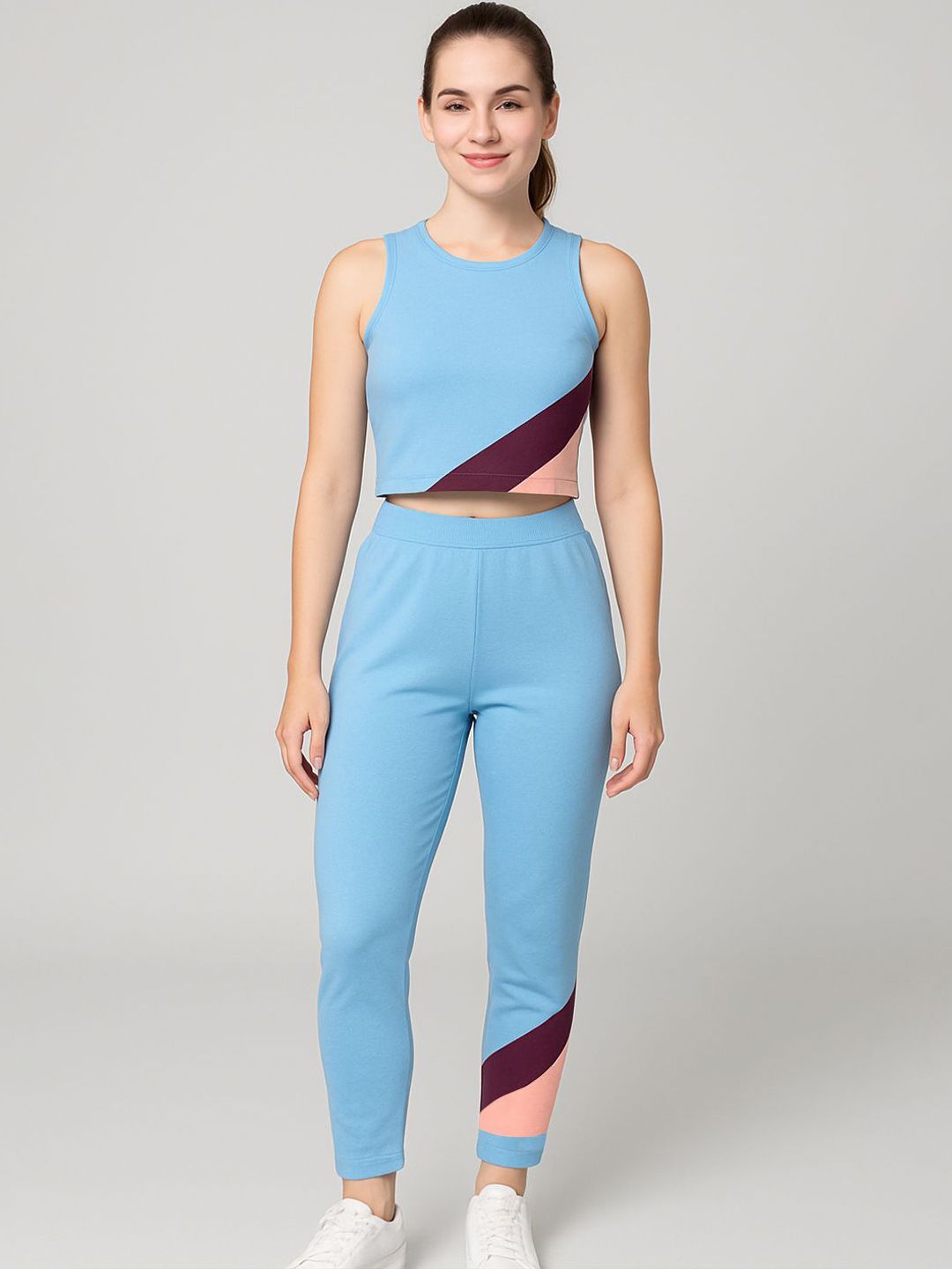 CHROME & CORAL Colourblocked Round Neck Top With Treggings