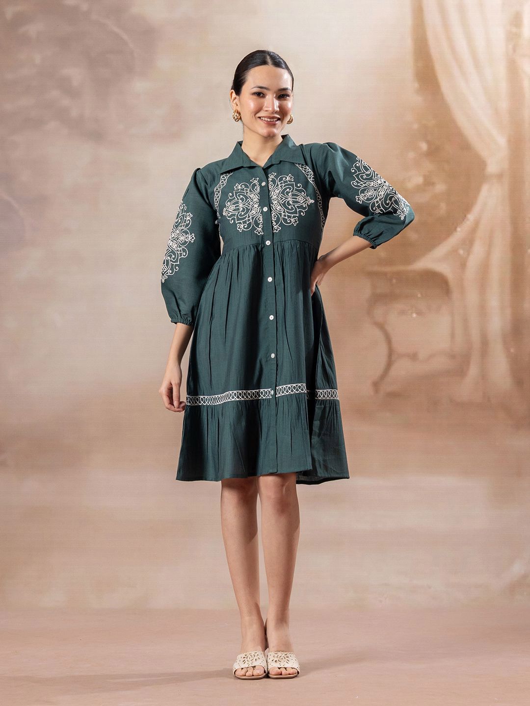 Amarasha Embellished Embroidered Puff Sleeve Fit & Flare Dress