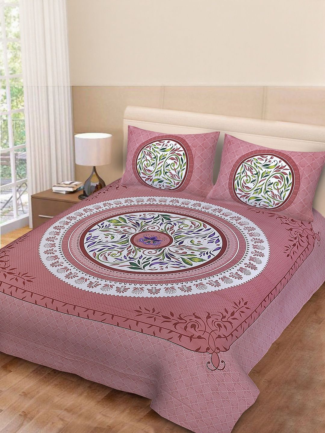 Buy ABHACLOTHO Pink & White Printed Cotton 144 TC Bedsheet & 2 Pillow Covers 82