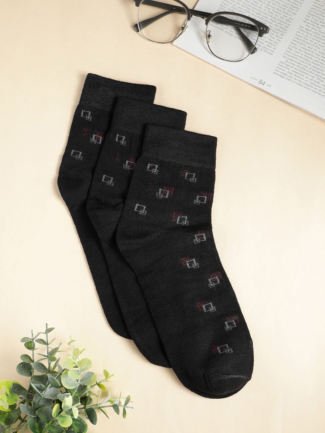 Teakwood Leathers Men Pack Of 3 Pure Cotton Patterned Above Ankle-Length Socks