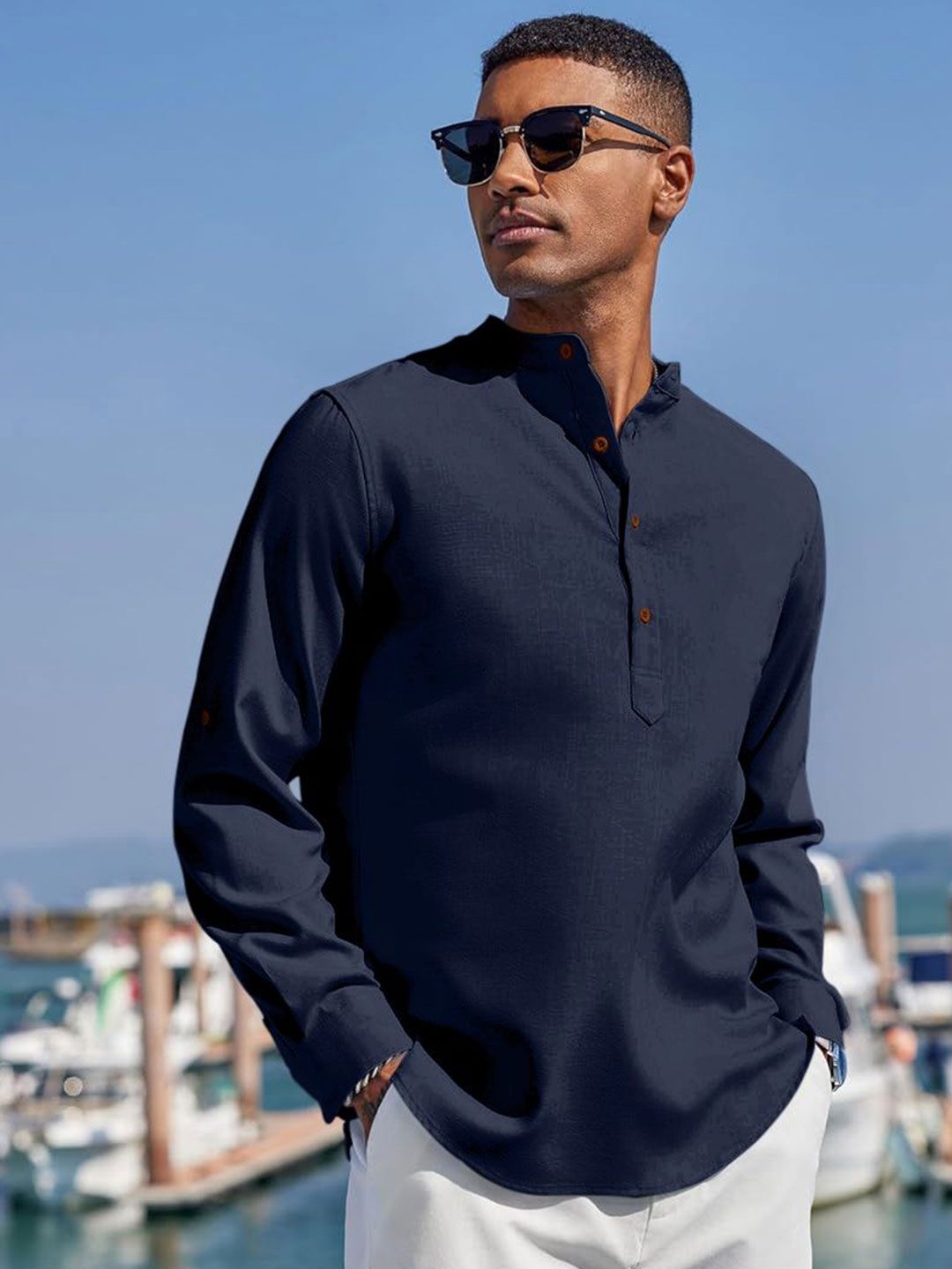 ZELINCO Band Collar Long Sleeves Straight Kurta