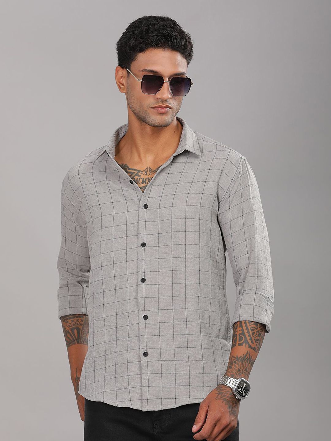 PAUL STREET Slim Fit Windowpane Checked Long Sleeves Casual Shirt
