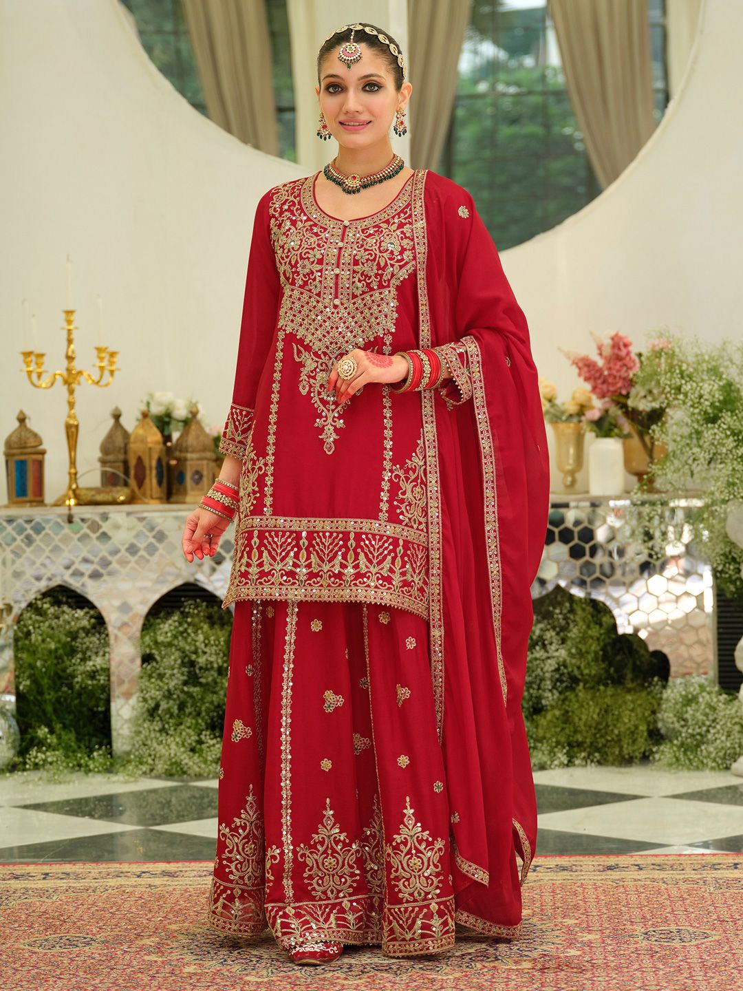 Indo Era Ethnic Motifs Embroidered Sequinned Chinon Straight Kurta With Skirt & Dupatta