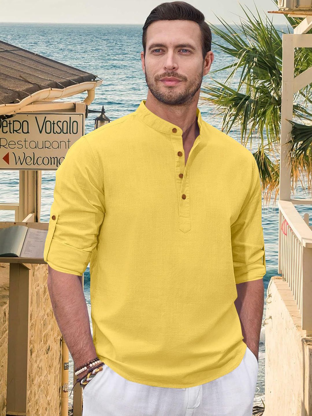 ZELINCO Men Mandarin Collar Roll-Up Sleeves Straight Kurta