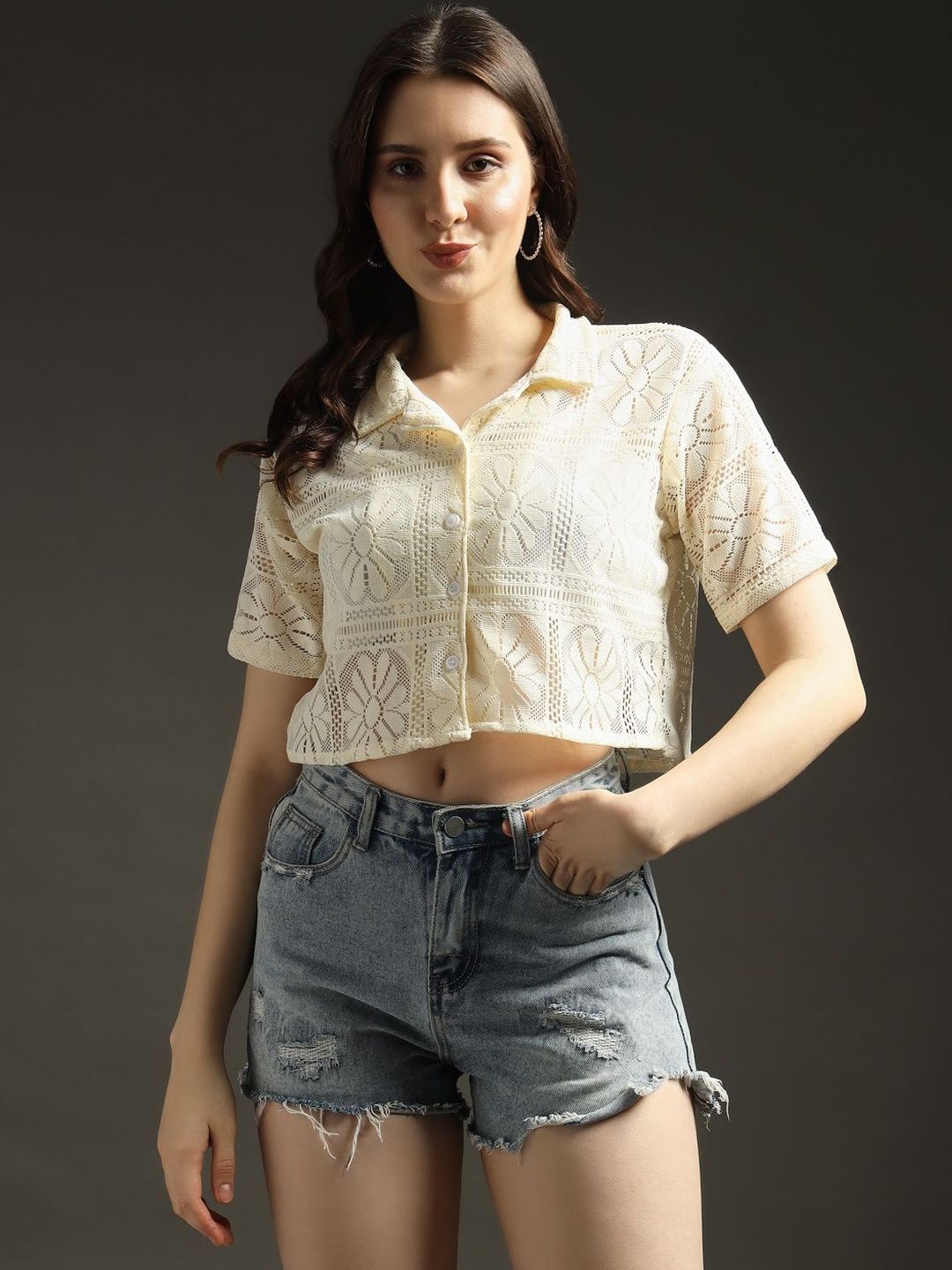 emeros Textured Self Design Lace Lapel Collar Net Shirt Style Crop Top