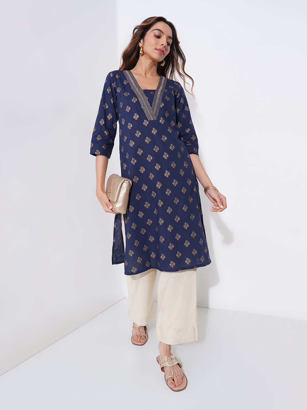 RANGMANCH BY PANTALOONS Women Ethnic Motifs Printed V-Neck Cotton Kurta
