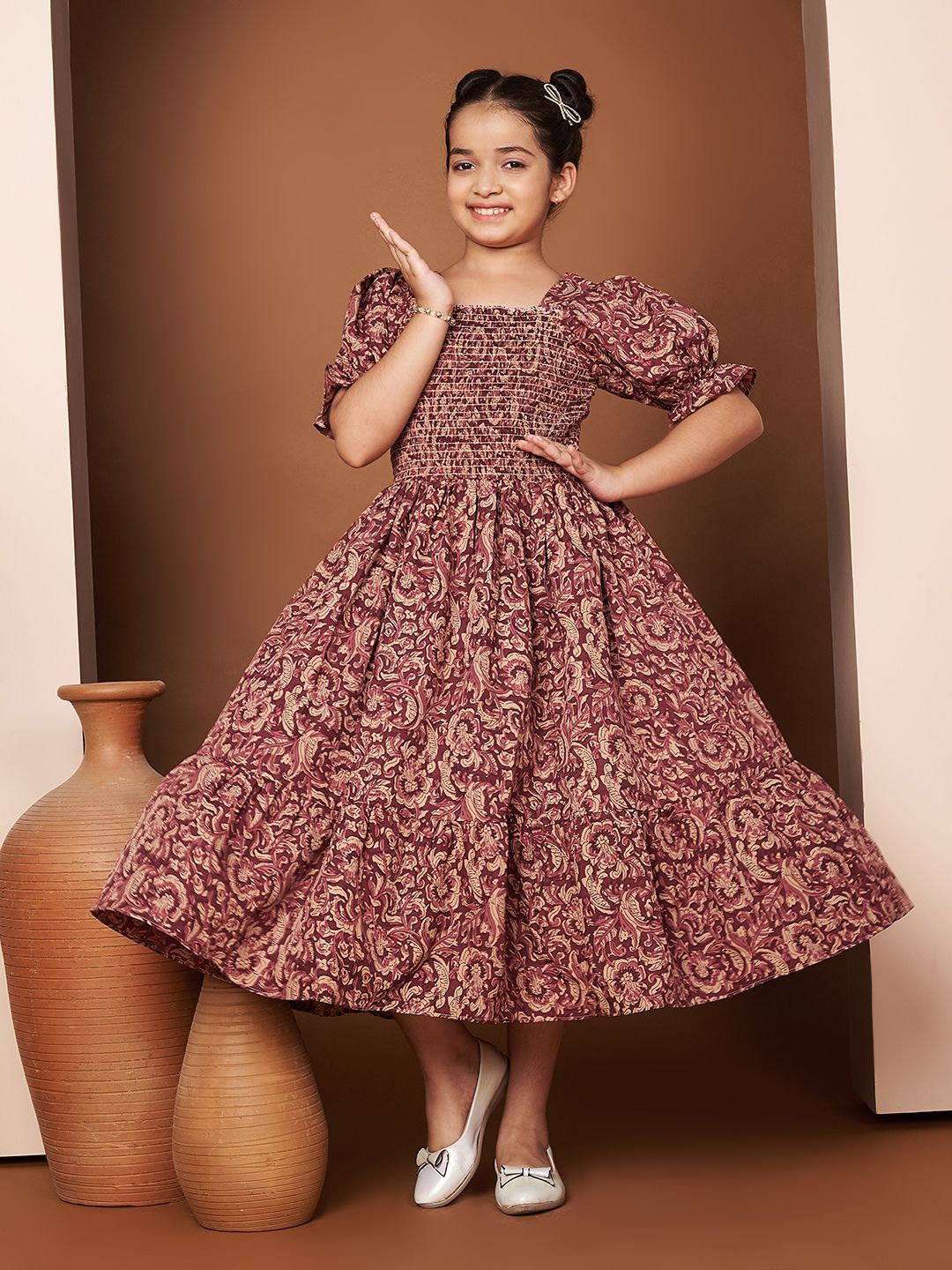 ZWERLON Girls Square Neck Floral Print Smocked Detail Puff Sleeve Fit and Flare Midi Dress