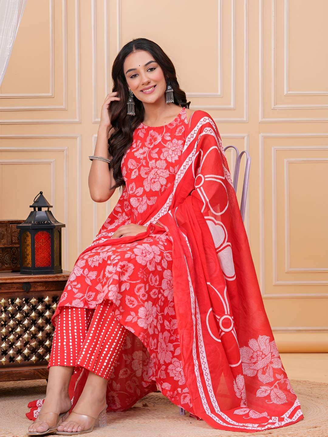 AMBROZEE Women Floral Printed Regular Pure Cotton Kurta with Trousers & With Dupatta