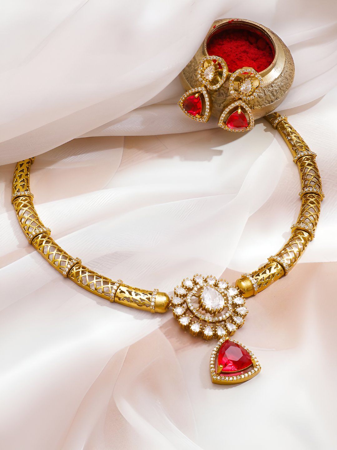 Rubans 22K Gold-Plated Ruby Red Stone & Cubic Zirconia Studded Designer Necklace Set