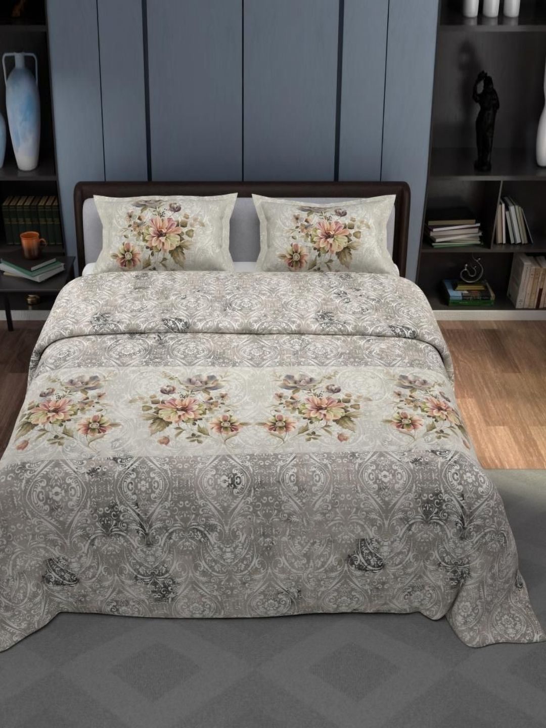Synergized Cotton Grey Printed Cotton King Bedsheet With 2 Pillow Covers 2.74m x 2.74m