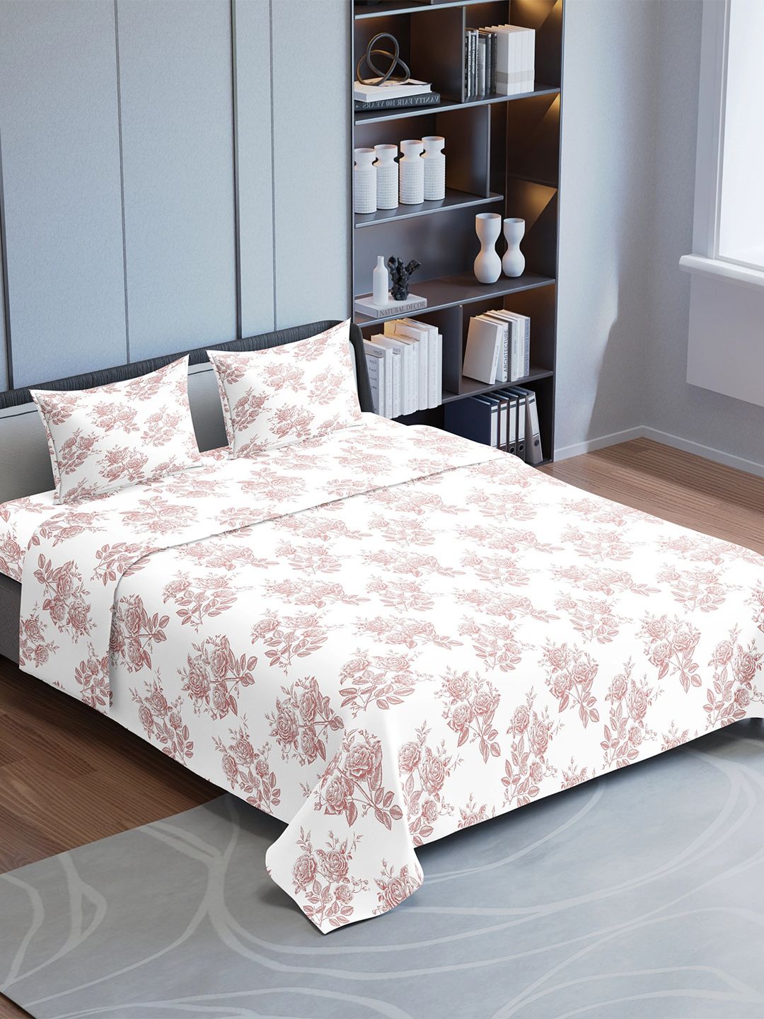 Synergized Cotton Horizon Blooms Cream Floral Pure Cotton Breathable 220 TC Super King Fine Bedsheet with 2 Pillow Covers-108 x 108 inches