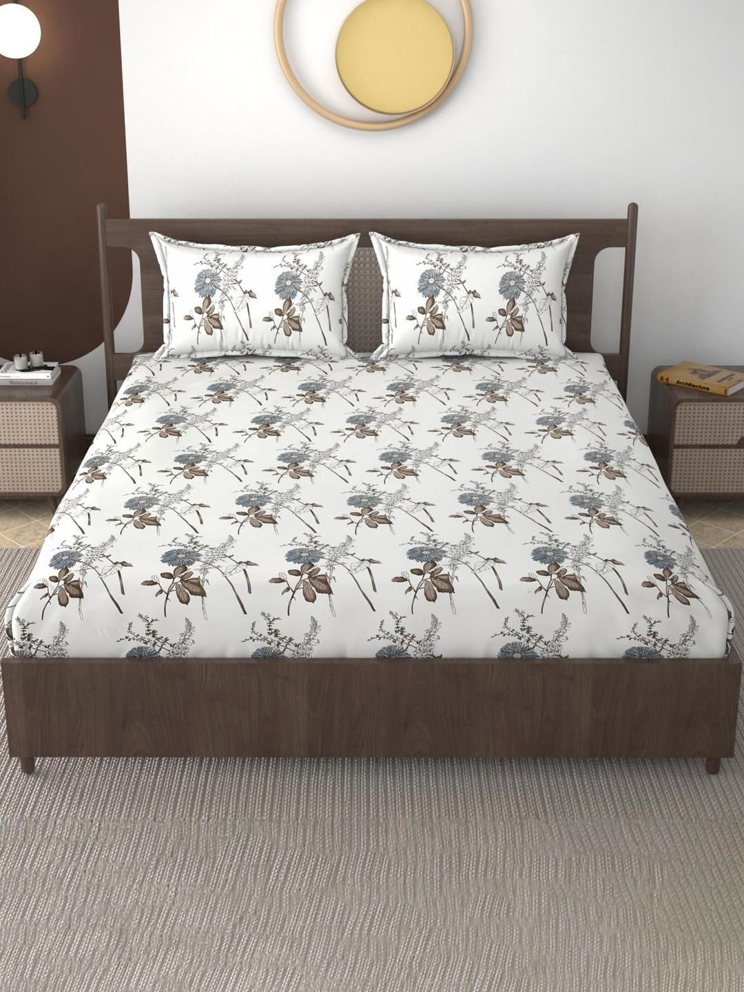 Lunar Days Cream-Coloured & Brown Floral 160 TC King Bedsheet with 2 Pillow Covers