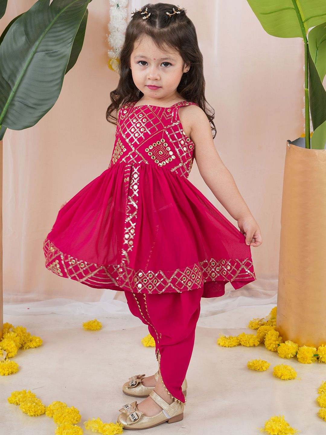 Girls Ethnic Motifs Embroidered A-Line Kurti with Dhoti Pants 3