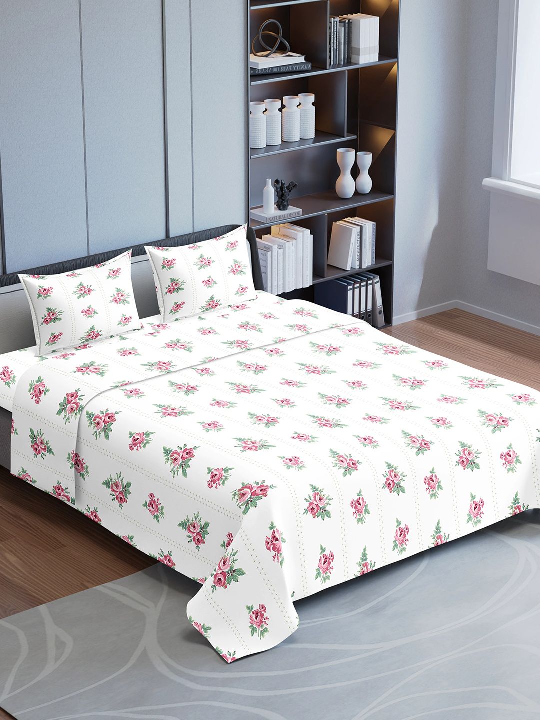 Synergized Cotton Beige Floral Cotton Breathable 220 TC King Fine Bedsheet with 2 Pillow Covers-274 x 274 cm