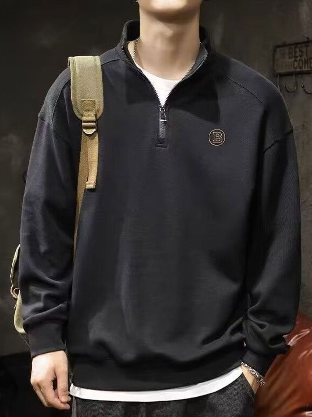 StyleCast x Revolte Men Solid Mock Collar Half Zipper Sweatshirt