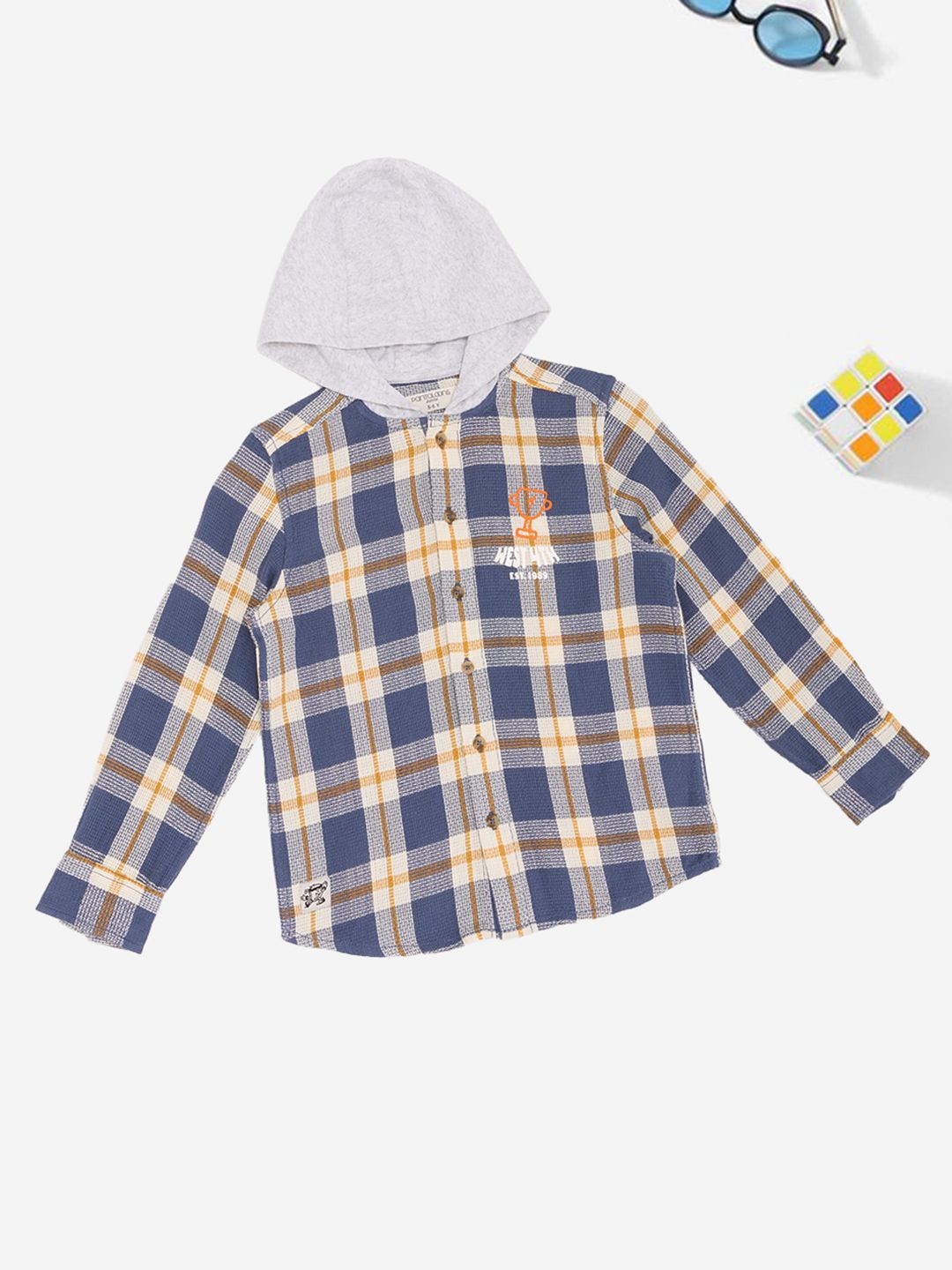 Pantaloons Junior Boys Tartan Checked Pure Cotton Hooded Shirt
