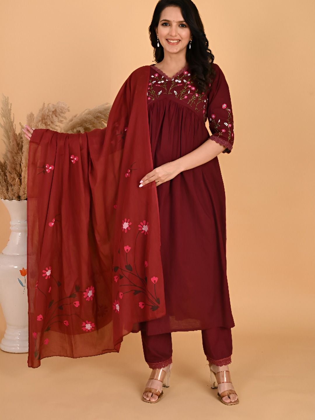 Vogue by Avantika Women Floral Embroidered Empire Cotton Kurta With Trousers & Dupatta