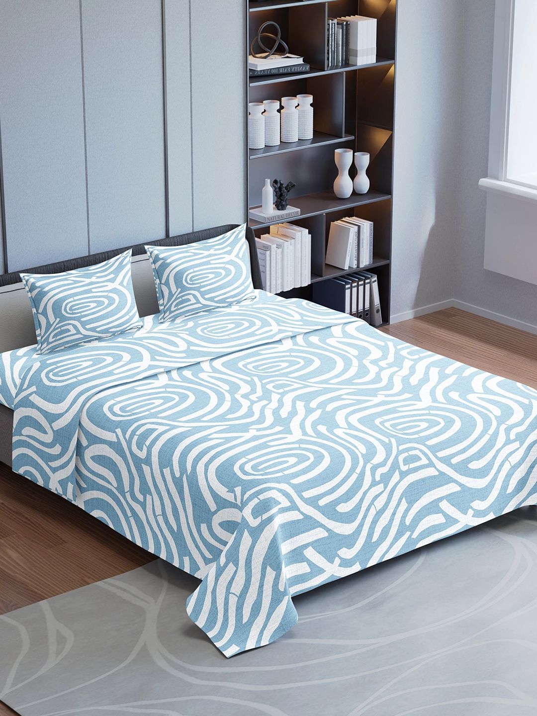 Synergized Cotton Horizon Blooms Blue Abstract Cotton Breathable 225 TC King Fine Bedsheet with 2 Pillow Covers-108 x 108 inches