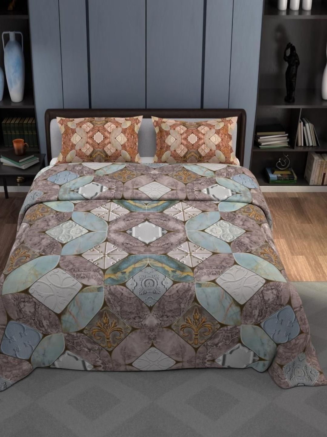 Synergized Cotton Grey Printed Cotton King Bedsheet With 2 Pillow Cover 2.74 m x 2.74 m