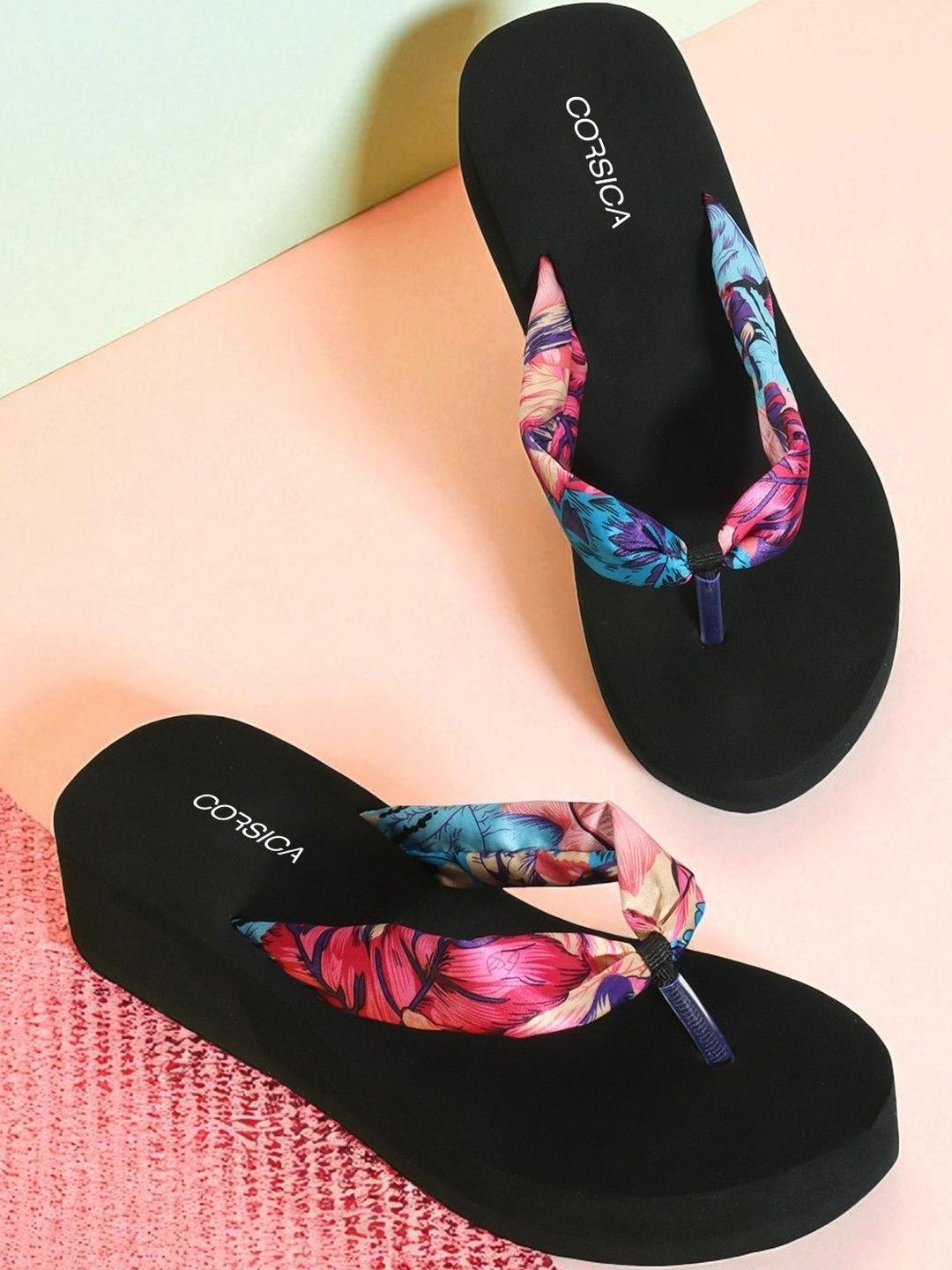 CORSICA Women Black Printed Fabric Slip-On Flip Flops With EVA Sole