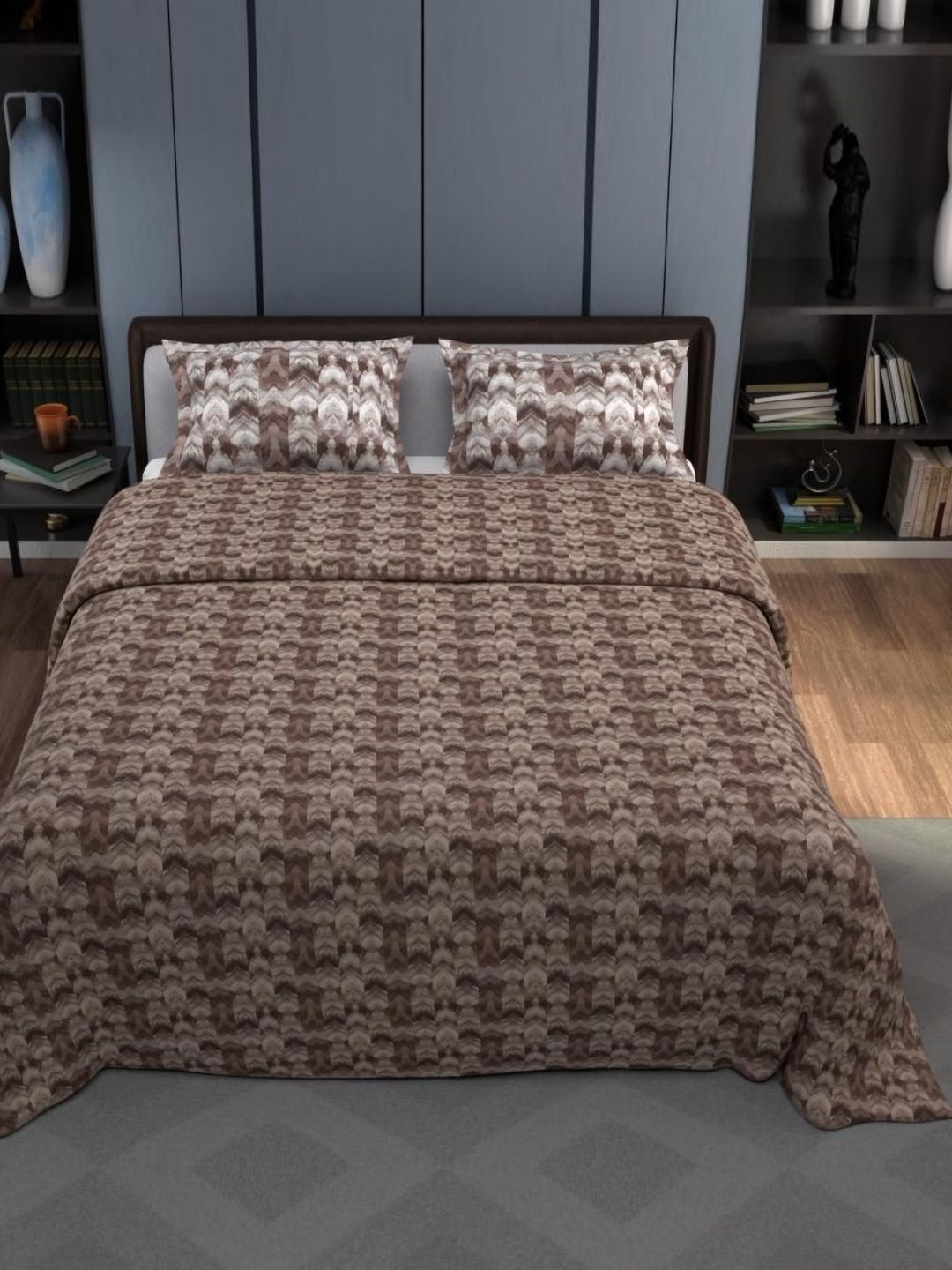 Synergized Cotton Beige Printed Cotton King Bedsheet With 2 Pillow Covers 2.74m x 2.74m