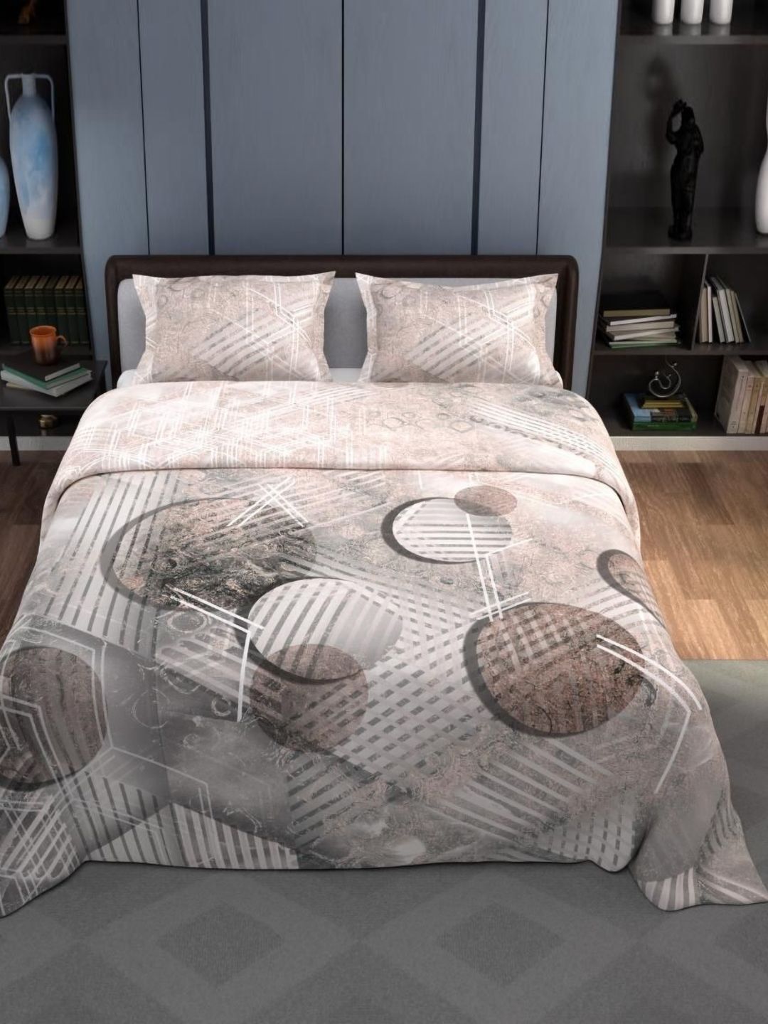 Synergized Cotton Beige Printed Cotton King Bedsheet With 2 Pillow Covers 2.74m x 2.74m