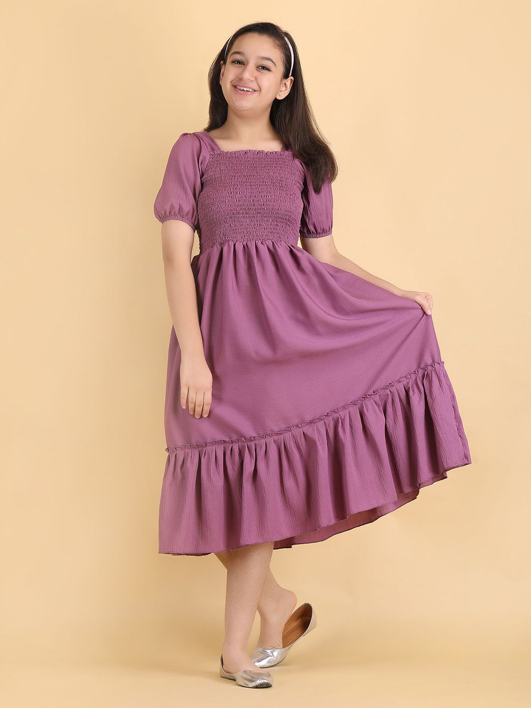 Pinly Girls Puff Sleeves Smocked Fit & Flare Midi Dress