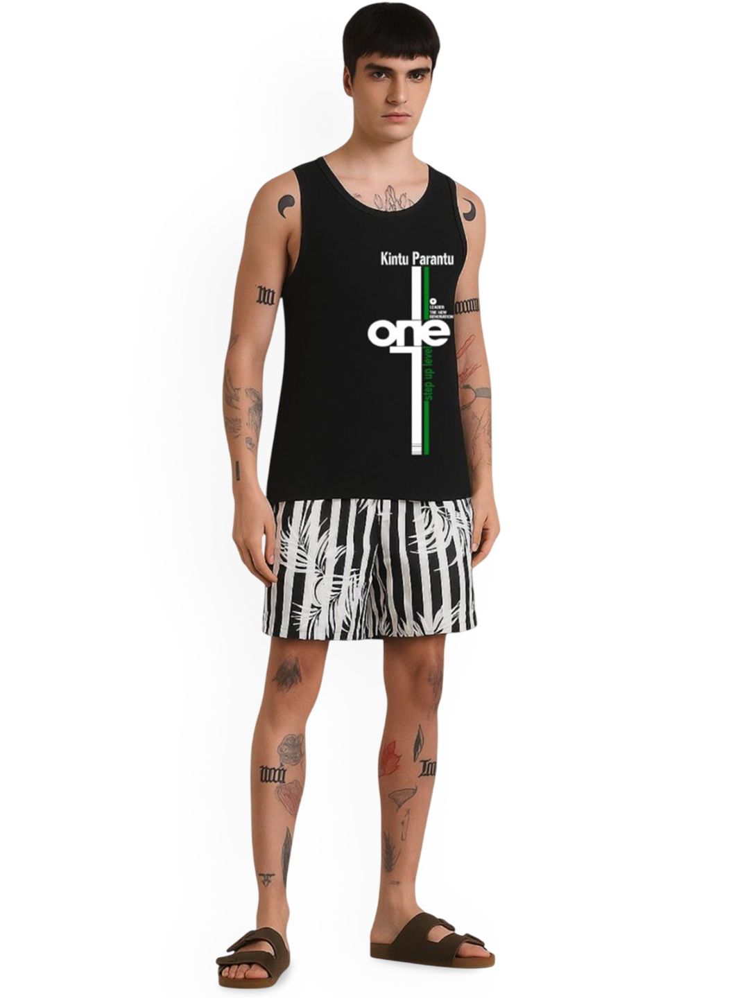 Parona Printed Round Neck Gym Innerwear Vests M--Vest-5-Black-S