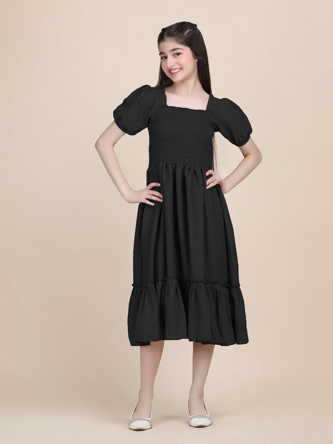 Pinly Girls Puff Sleeve Smocked Tiered Fit & Flare Midi Dress
