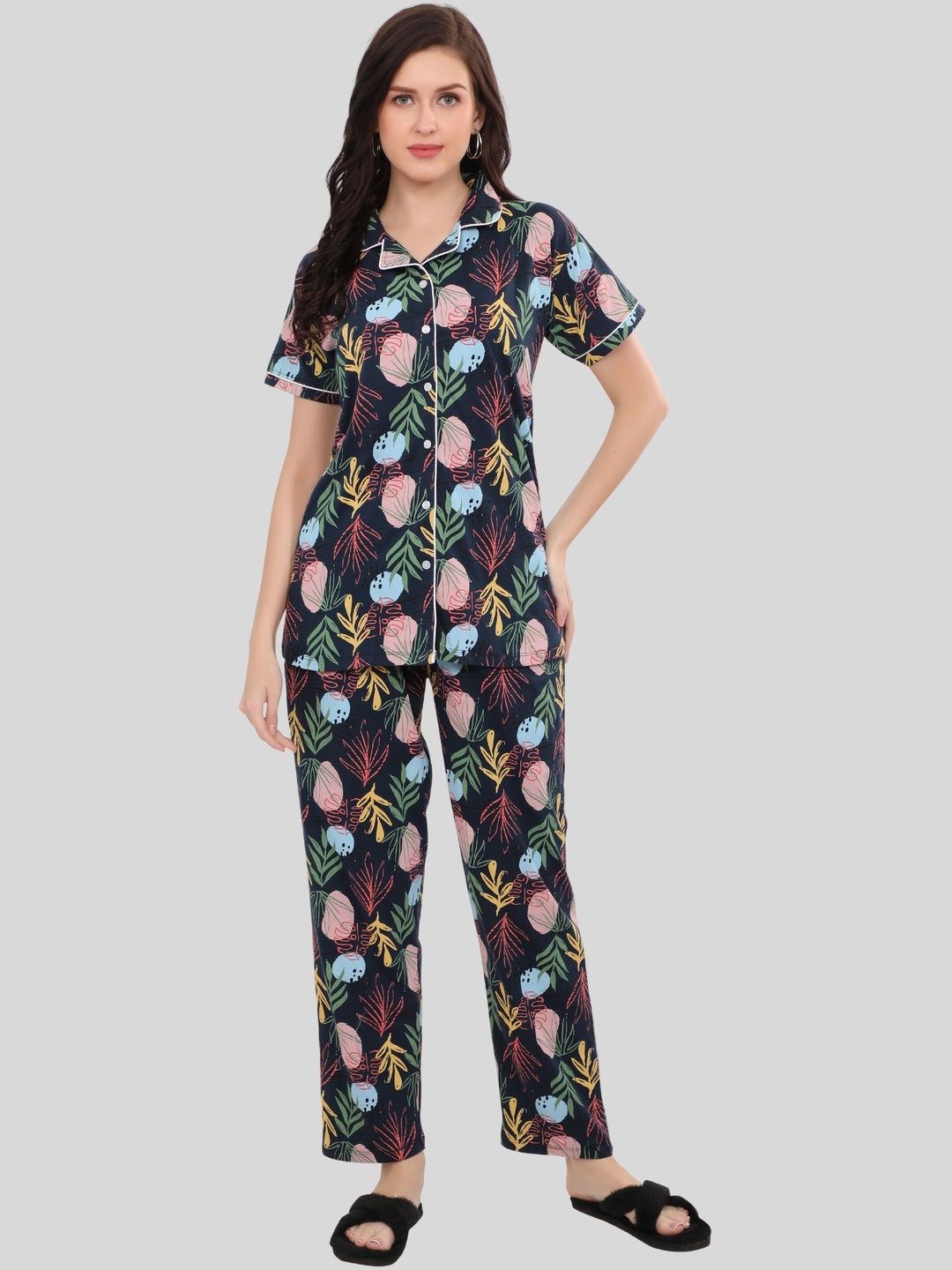 Glamoras Women Printed Lapel Collar Pure Cotton Shirt & Pyjama Set Night Suit