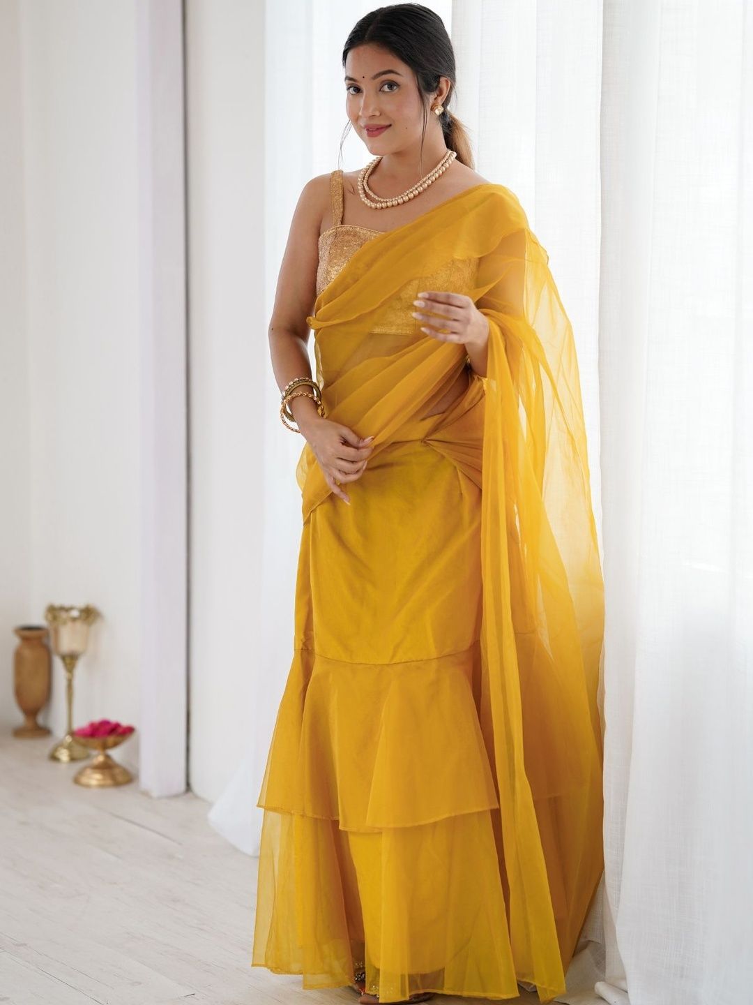 Fusionic Solid Zari Organza Saree With Stitched Blouse