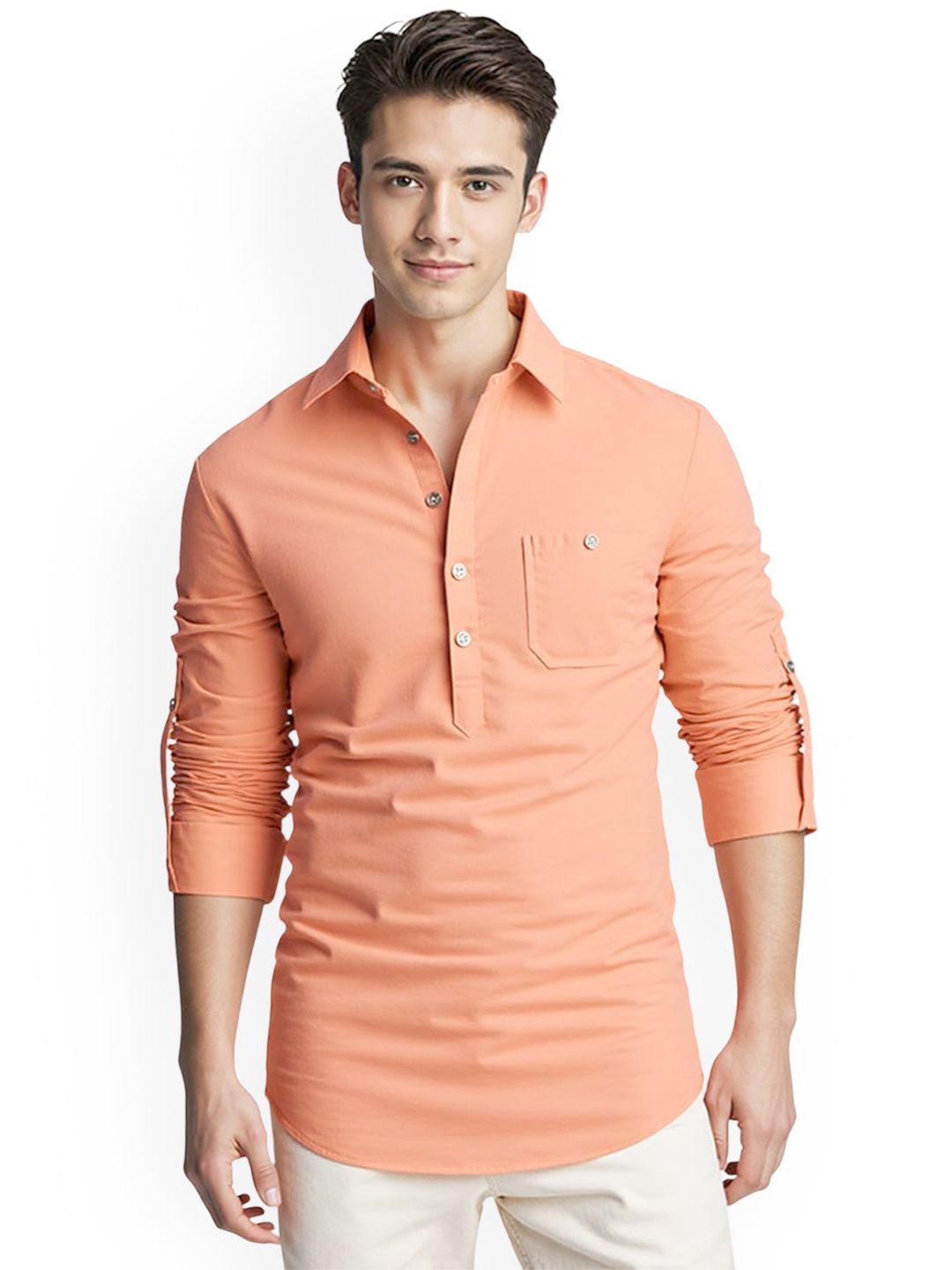 univibe Men Shirt Collar Roll Up Sleeves Kurta