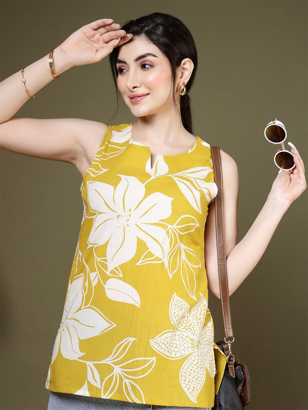 KALAMIR Women Floral Printed Sleeveless Cotton Top