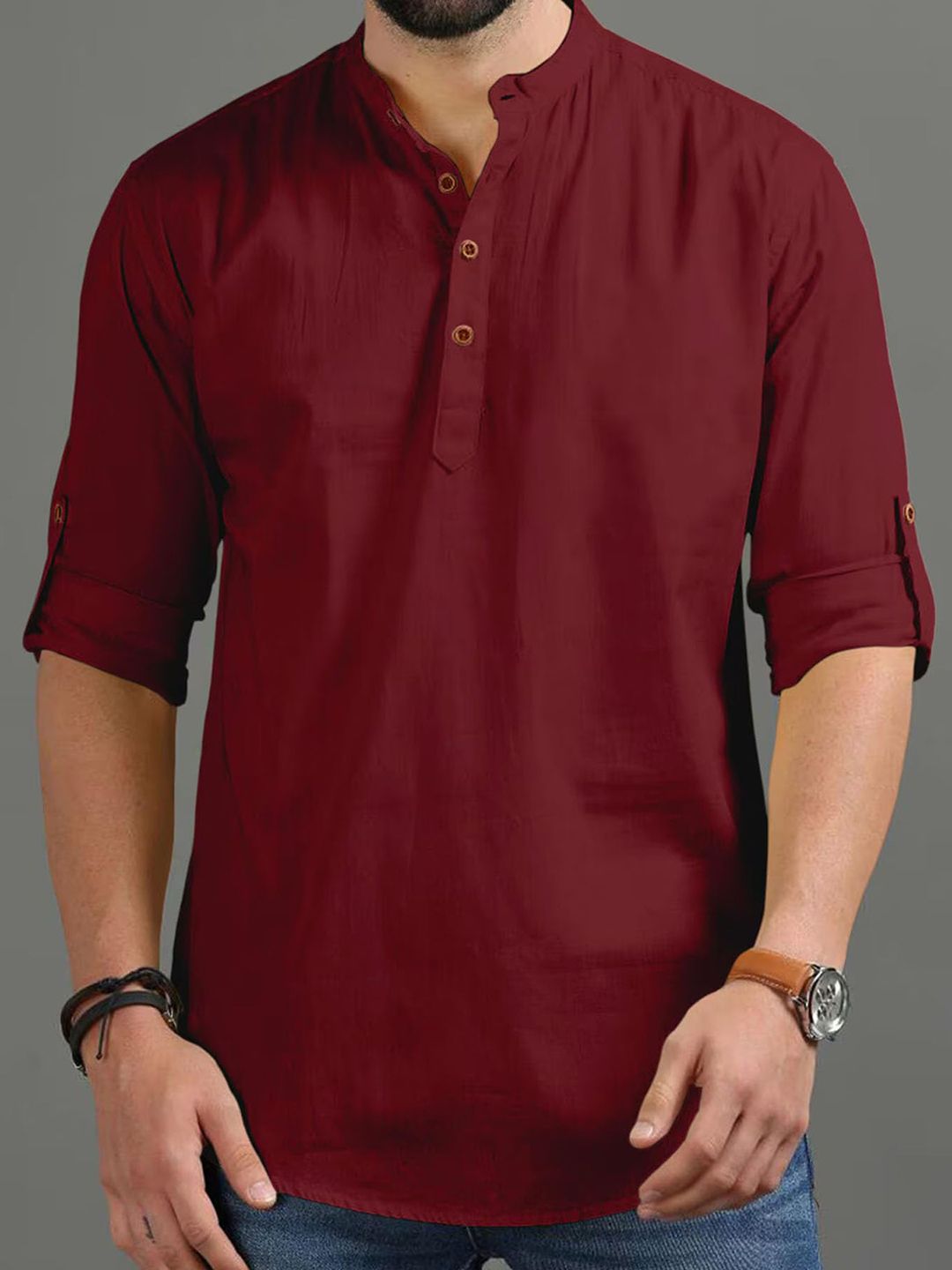 univibe Men Band Collar Roll-Up Sleeves Straight Short Kurta