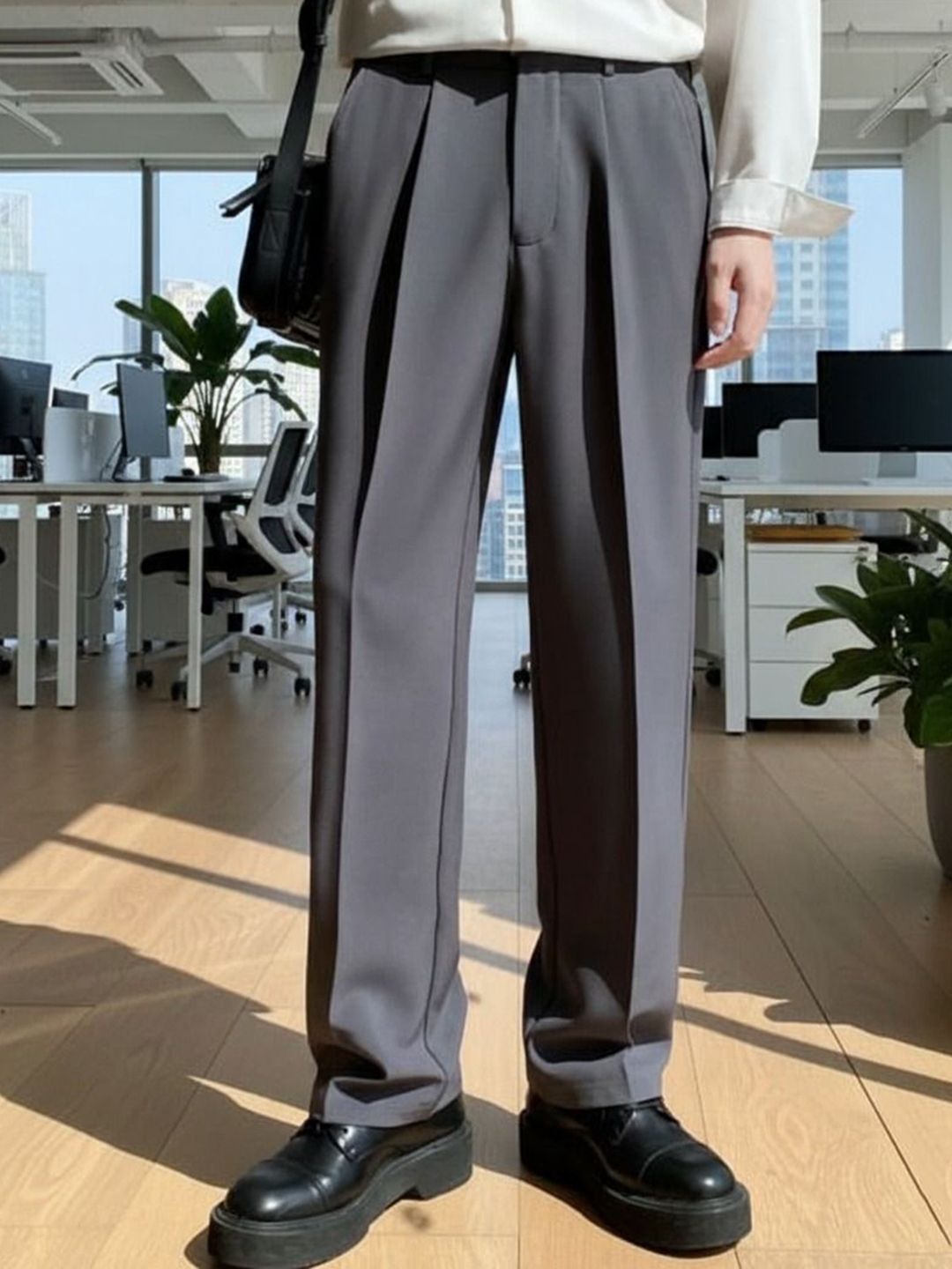COVZ Men Relaxed Straight Leg Mid-Rise Loose Fit Pleated Korean Pants