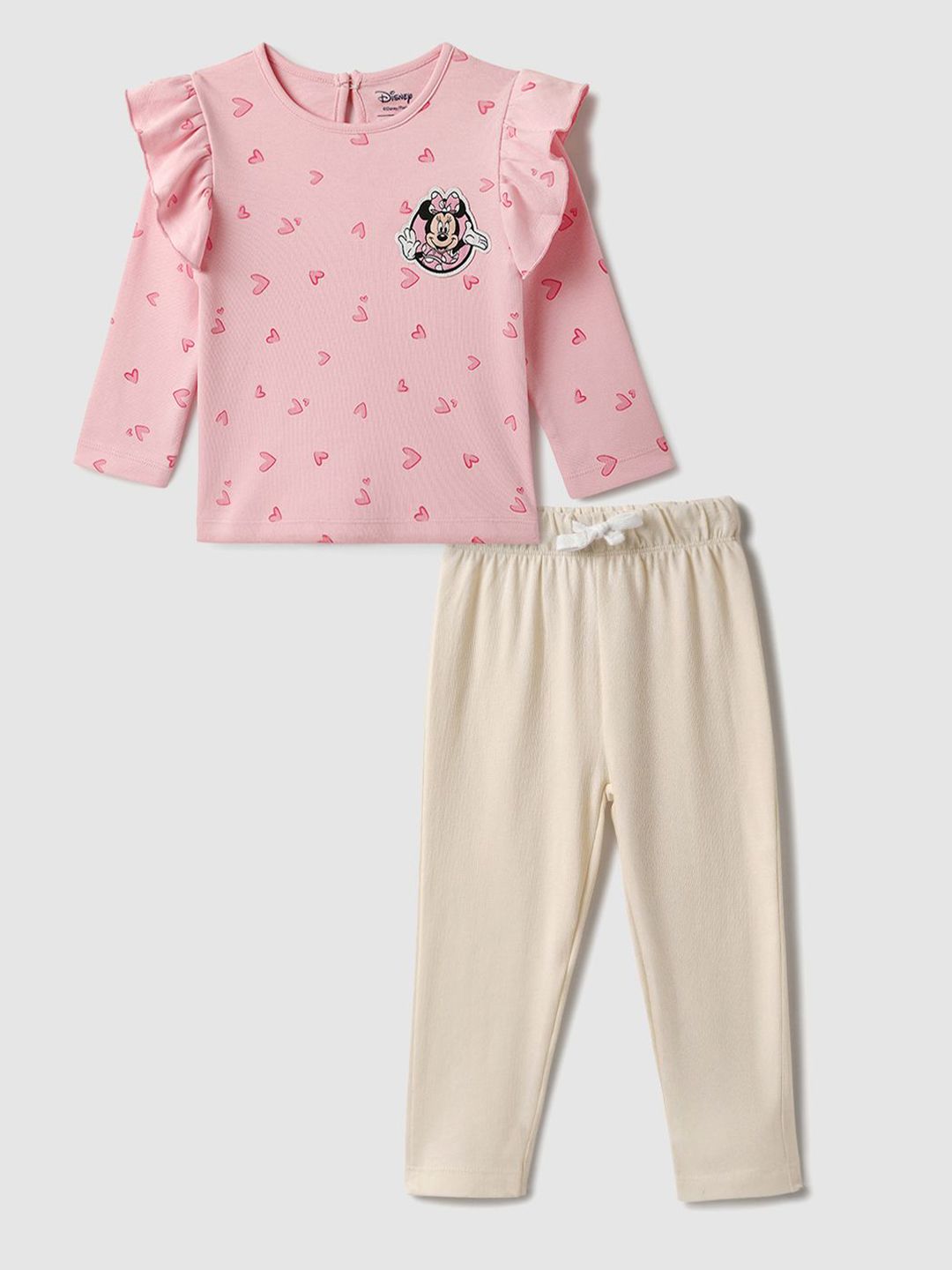 Nauti Nati Girls Cotton Minnie Mouse and Heart Print Top & Solid Pants