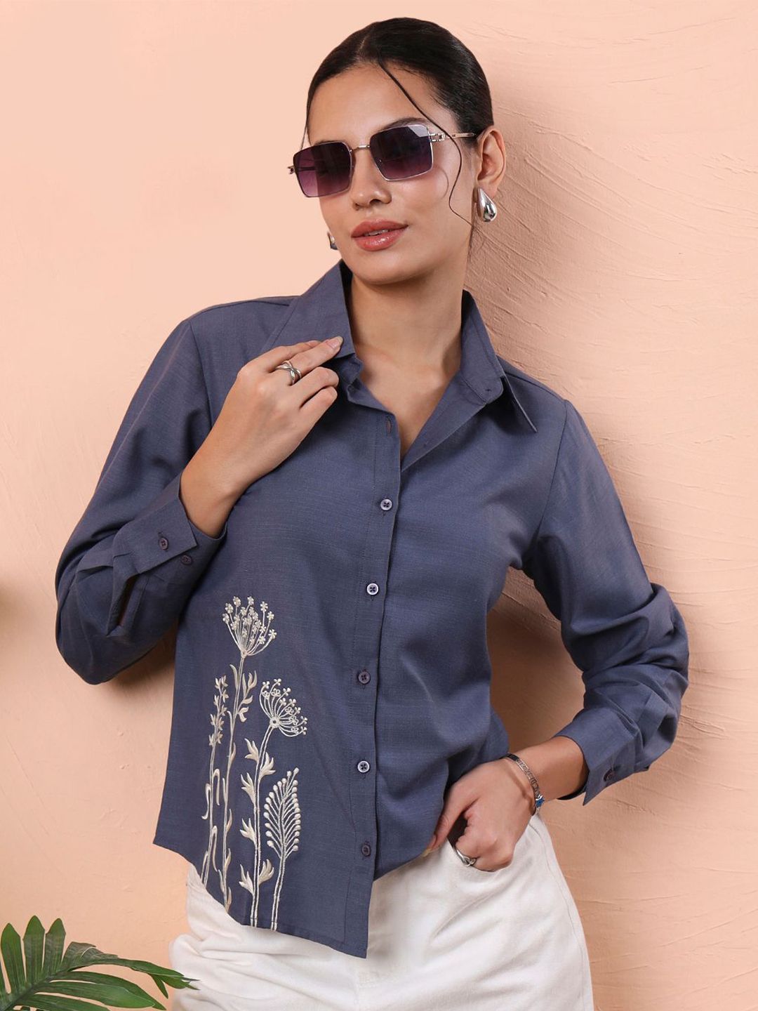 FITHUB Women Floral Printed Spread Collar Linen Casual Shirt