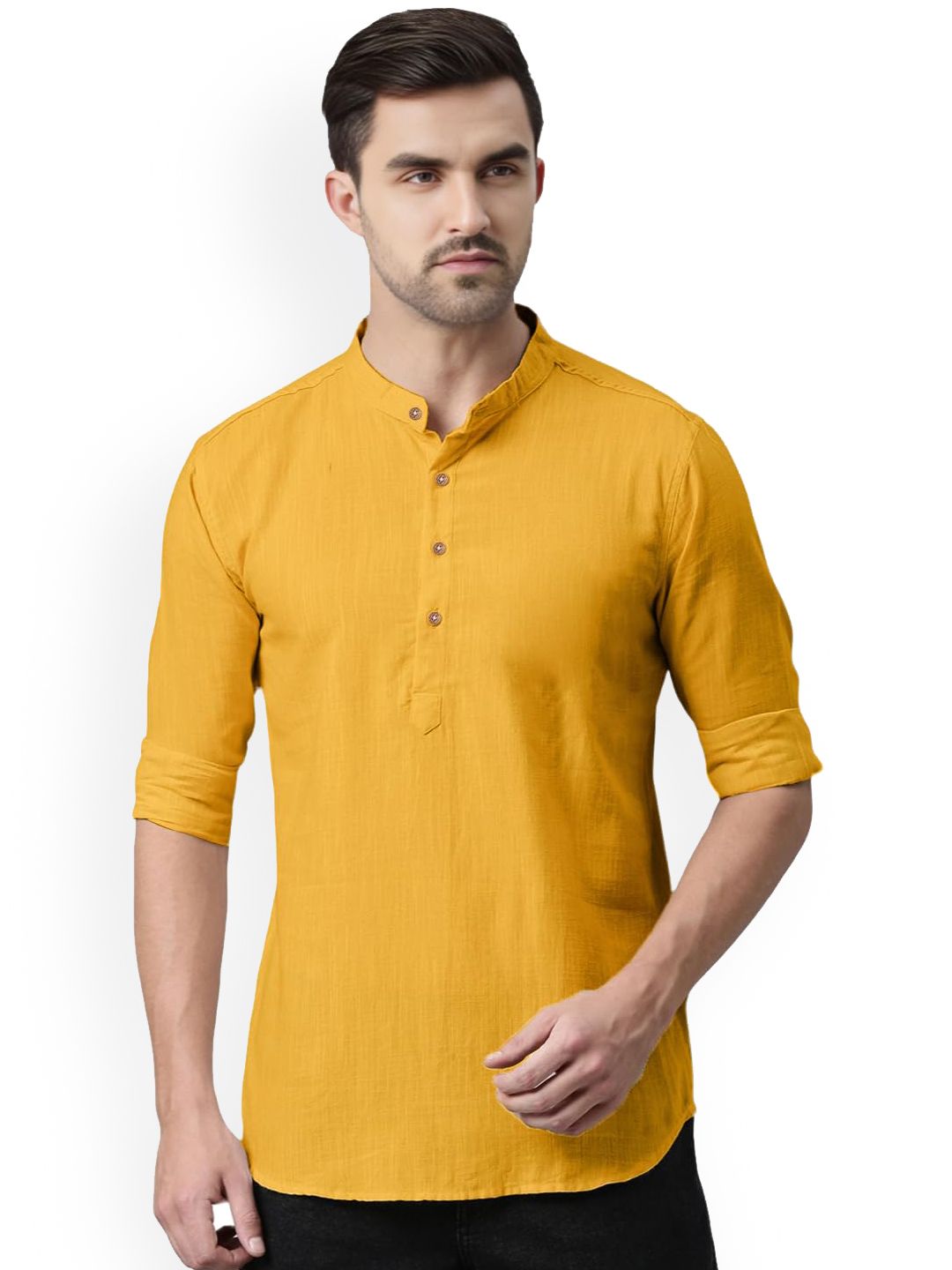 univibe Men Mandarin Collar Roll-Up Sleeves Kurta