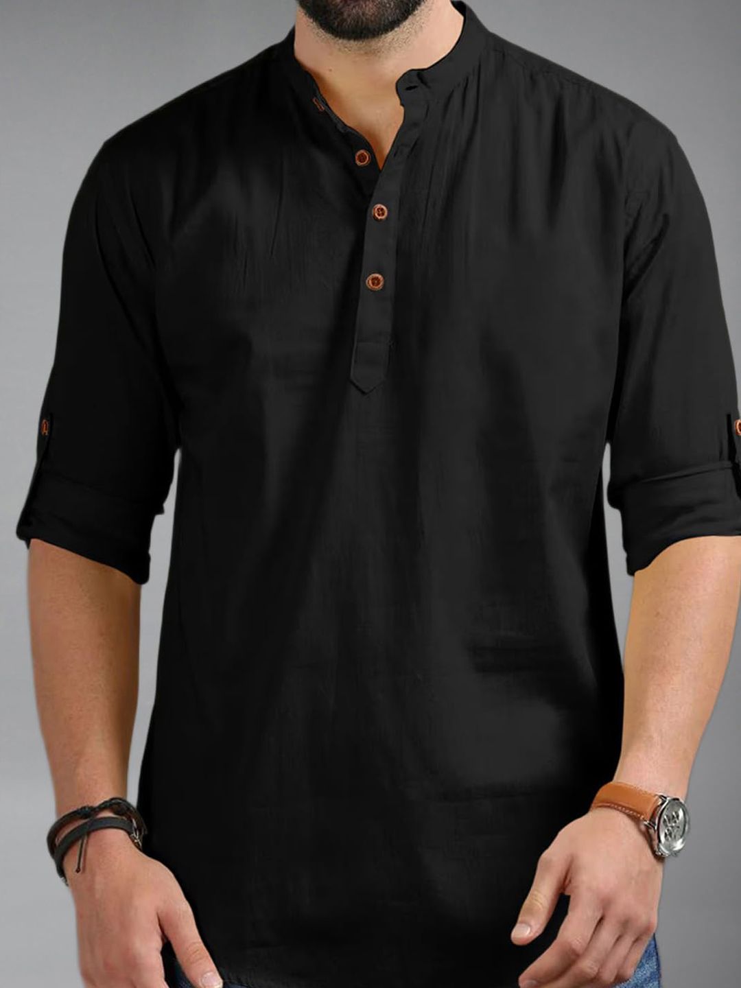 univibe Men Band Collar Roll-Up Sleeves Straight Short Kurta