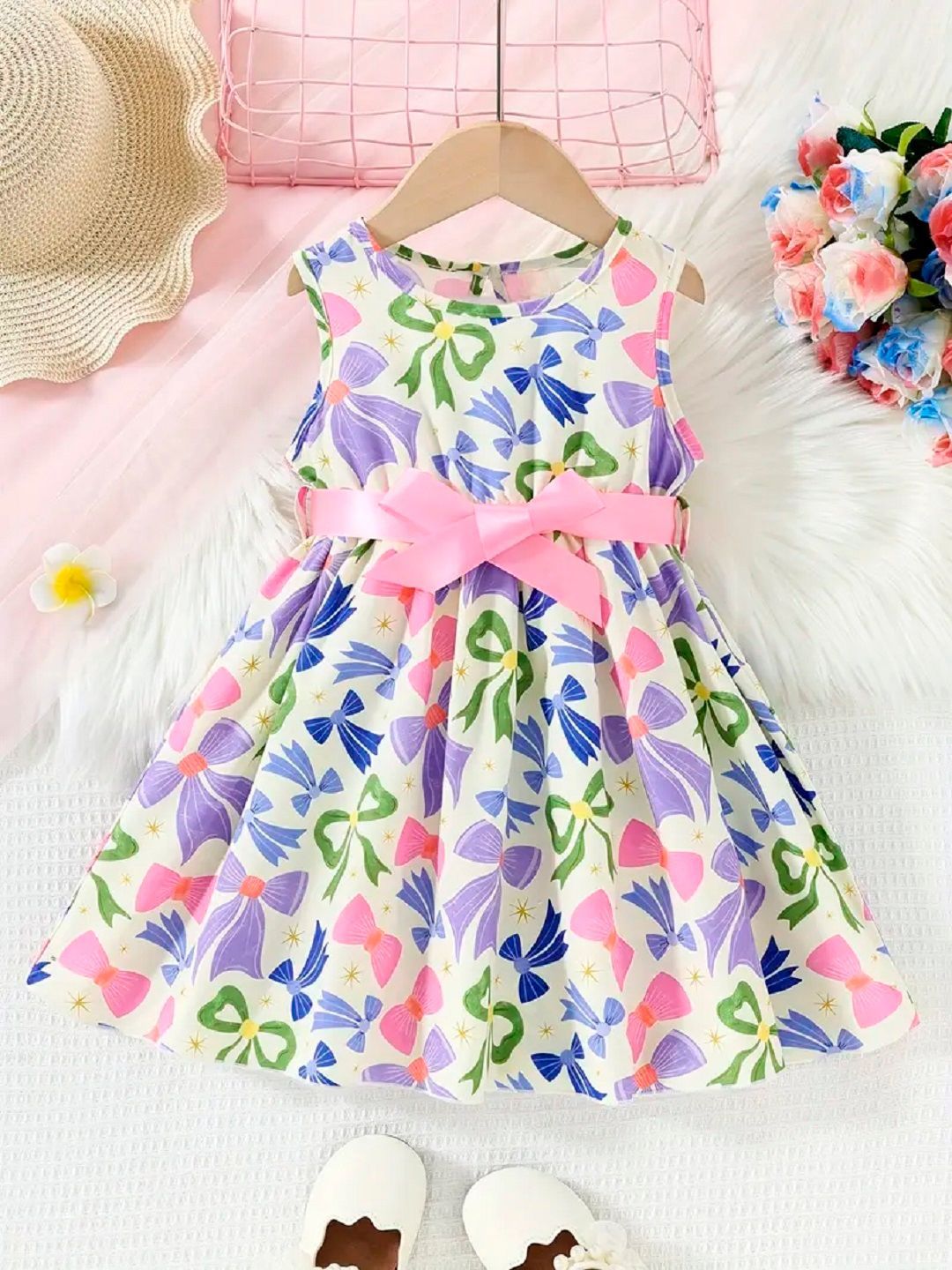 White World Girls Floral Print Round Neck Fit and Flare Knee Length Dress